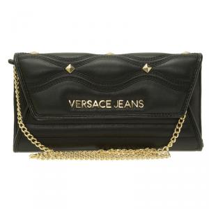 Versace Jeans Black Leather Diamond Stud Fold Over Wallet on Chain Bag