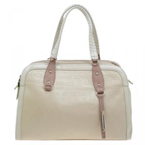 Versace Jeans Beige Embossed Leather Logo Tote