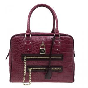 Versace Jeans Burgundy Croc Embossed Leather Bowling Bag