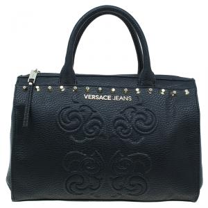 Versace Jeans Black Pebbled Leather Crystal Studs Bowling Bag
