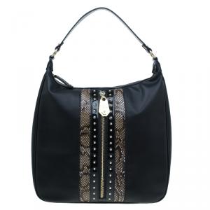 Versace Jeans Black Leather and Python Large Zip Studs Hobo