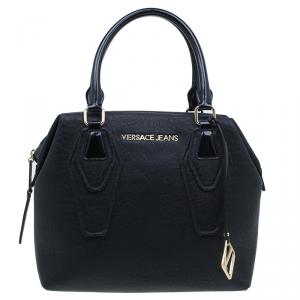 Versace Jeans Black Crinkled Leather Logo Charm Tote