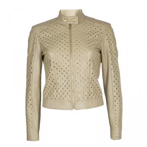 Pre Owned Versace Beige Eyelet Studded Leather Jacket S