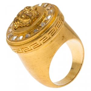 Versace Icon Medusa Crystal Studded Gold Tone Ring Size 54