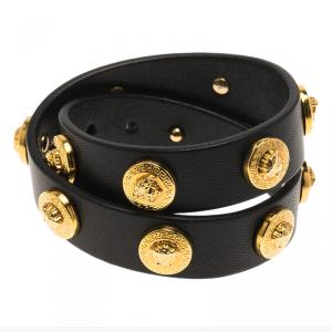 Versace Icon Medusa Stud Gold Tone Black Leather Wrap Bracelet