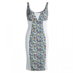 Versace White Floral Print Contrast Panel Detail Sleeveless Dress S