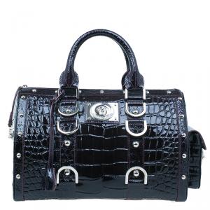 Pre Owned Versace Purple Croc Embossed Patent Leather Snap Out Of It Satchel Bag