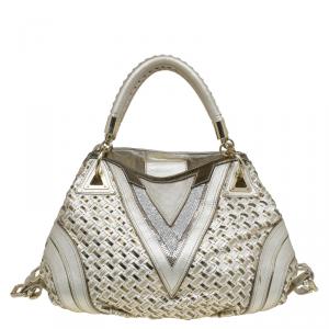 Versace Gold Woven Leather Crystal V Satchel