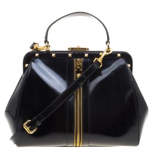 Versace Black Patent Leather Zip Detail Satchel