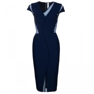 Pre Owned Victoria Beckham Navy Blue Lace Insert Bodycon Dress S