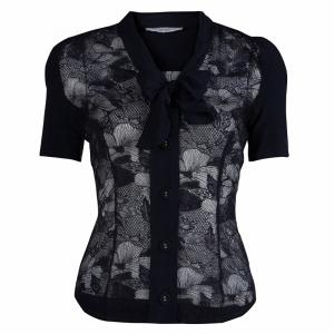 Viktor & Rolf Navy Blue Short Sleeve Sheer Lace Shirt S
