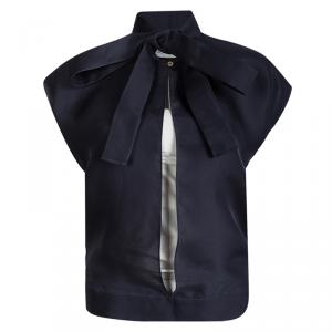 Pre Owned Yves Saint Laurent Navy Blue Silk Tie Detail Open Front Top M