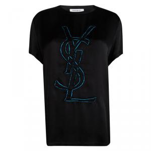 Pre Owned Yves Saint Laurent Black Silk Monogram Detail Short Sleeve Top M