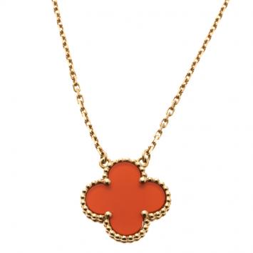 Pre Owned Van Cleef & Arpels Vintage Alhambra Carnelian & 18k Yellow Gold Pendant Necklace