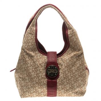 Pre Owned DKNY Beige/Burgundy Canvas and Leather Town and Country Hobo