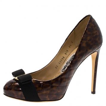 Pre Owned Salvatore Ferragamo Brown Tortoise Patent Tina Q Quilted Bow Pumps Size 39