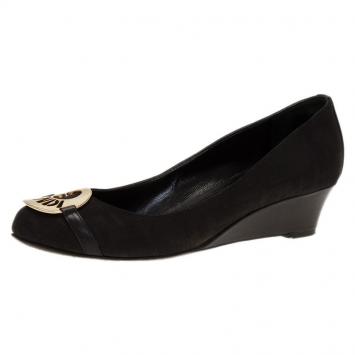 Pre Owned Fendi Black Canvas Logo Plate Wedges Size 36.5