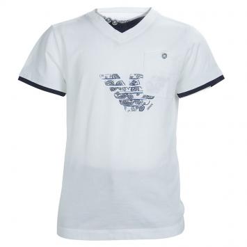Pre Owned Armani Junior White Faux Double Layer Graphic Print V-Neck T-shirt 6 Yrs