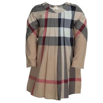 Pre Owned Burberry Beige Novacheck Pleated Long Sleeve Cotton Dress 4 Yrs