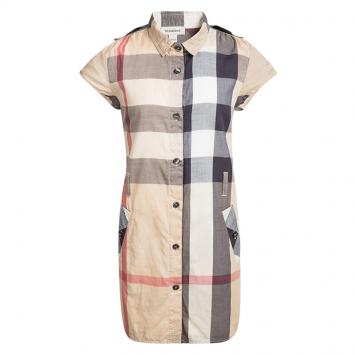 Pre Owned Burberry Beige Nova Check Cotton Cap Sleeve Button Front Shirt Dress 8 Yrs