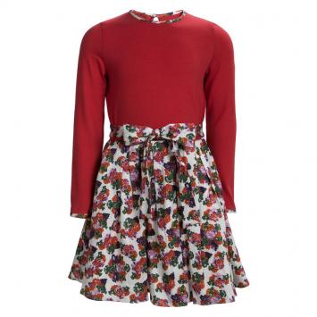 Pre Owned CH Carolina Herrera Red Cotton Floral Printed Contrast Bodice Long Sleeve Dress 6 Yrs