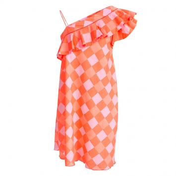 Pre Owned Little Marc Jacobs Neon Orange Checkered One Shoulder Dress 10 Yrs