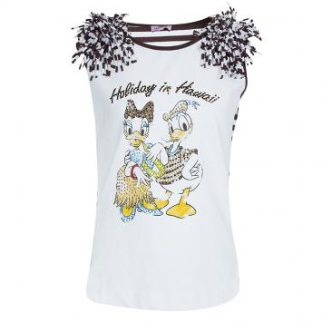 Pre Owned Monnalisa White Striped Donald and Daisy Duck Print Embellished Sleeveless T-Shirt 10 Yrs