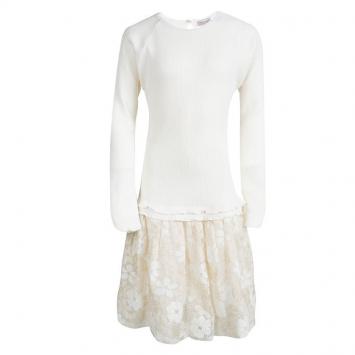 Pre Owned Monnalisa Cream Knit Floral Tulle Bottom Long Sleeve Dress 12 Yrs