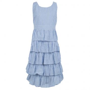 Pre Owned Ralph Lauren Blue and White Striped Seersucker Sleeveless Tiered Dress 16 Yrs