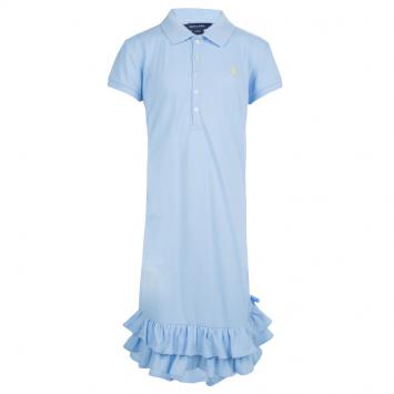 مملوكة مسبقًا Ralph Lauren Light Blue Short Sleeve Ruffle Bottom Polo Dress 12/14 Yrs
