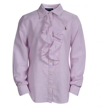 Pre Owned Ralph Lauren Pink Cotton Striped Ruffle Detail Button Front Shirt 10 yrs