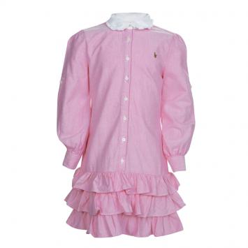Pre Owned Ralph Lauren Pink Tiered Ruffle Bottom Shirt Dress 6 Yrs