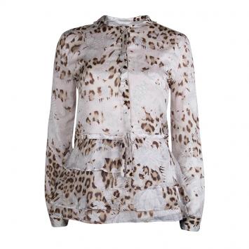 Pre Owned Roberto Cavalli Leopard Print Long Sleeve Peplum Shirt M
