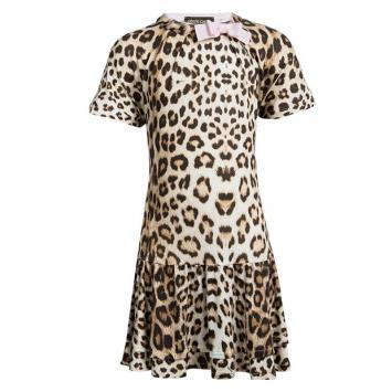 Pre Owned Roberto Cavalli Brown Leopard Printed Jersey Bow Detail Ruffle Bottom Dress 6 Yrs