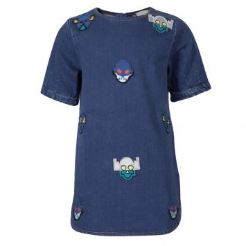 Pre Owned Stella McCartney Kids Indigo Denim Superhero Applique Detail Short Sleeve Dress 5 Yrs