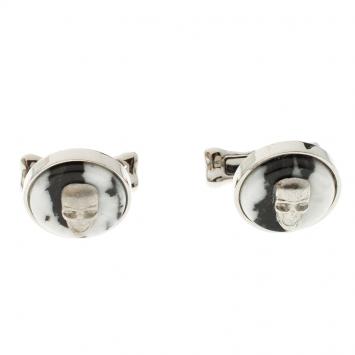 Pre Owned Alexander McQueen Skull & Bone Agate Silver Tone Cufflinks