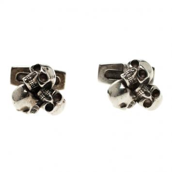 Pre Owned Alexander McQueen 3 Skull Silver Tone Cufflinks