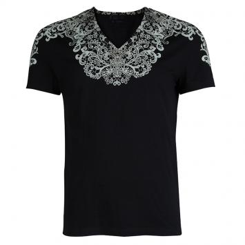Pre Owned Alexander McQueen Black Floral Print V-Neck T-Shirt L