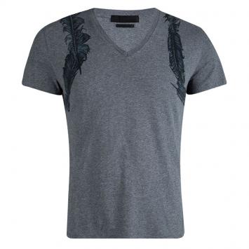 Pre Owned Alexander McQueen Grey Feather Print  V-Neck T-Shirt M