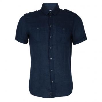 Pre Owned Armani Collezioni Men's Navy Blue Linen Short Sleeve Shirt M