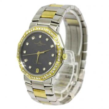 Pre Owned Baume & Mercier Black 18K Yellow Gold and Stainless Steel Diamond Riviera Men's Wristwatch 34MM