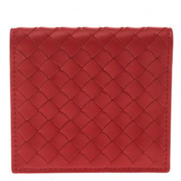 Pre Owned Bottega Veneta Red Leather Intrecciato Card Holder