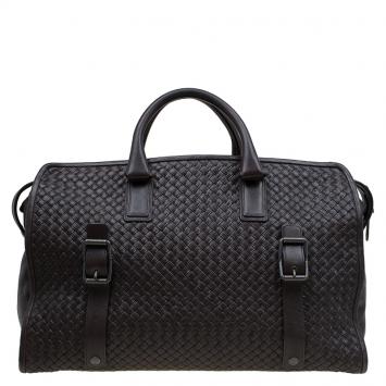 Pre Owned Bottega Veneta Brown Intrecciato Woven Leather Duffel Bag