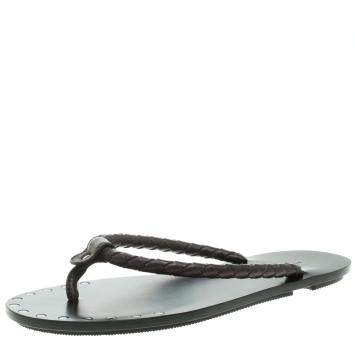 Pre Owned Bottega Veneta Brown Intrecciato Leather Thong Sandals Size 41.5