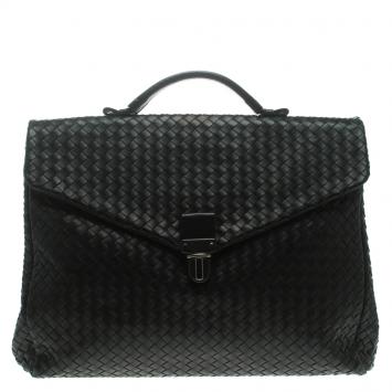 Pre Owned Bottega Veneta Black Intrecciato Leather Briefcase  