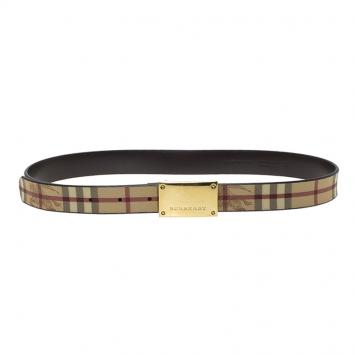 Pre Owned Burberry Beige Classic Check Coated Canvas Barnsfield Plaque Belt 75CM