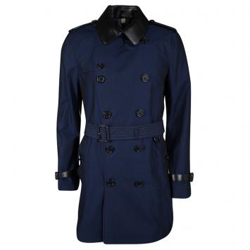 Pre Owned Burberry London Two Tone Leather Trim Detail Double Breasted Belted Trench Coat L