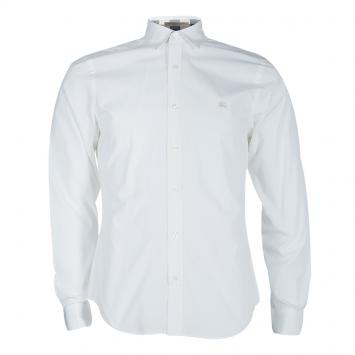 Pre Owned Burberry White Logo Embroidered Button Down Long Sleeve Cotton Shirt M