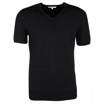 Pre Owned Carven Black Patterned Jacquard Knit Short Sleeve V-Neck Top L
