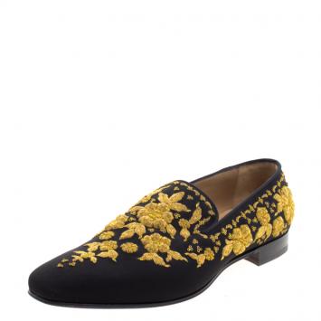 Pre Owned Christian Louboutin Black Embroidered Academicus Crepe de Chine Smoking Slippers Size 44